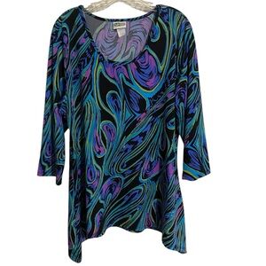 Collections Etc Large Tunic Top Abstract Paisley Blue Purple Black Retro 90s